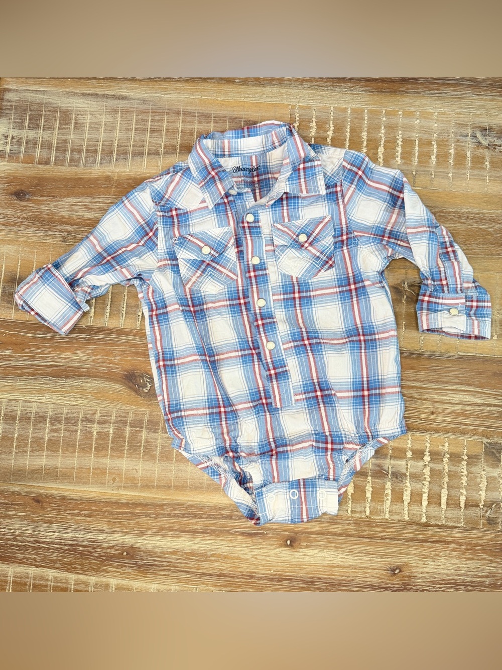 Wrangler Pearl Snap Up Baby Plaid Onesie Western 12m